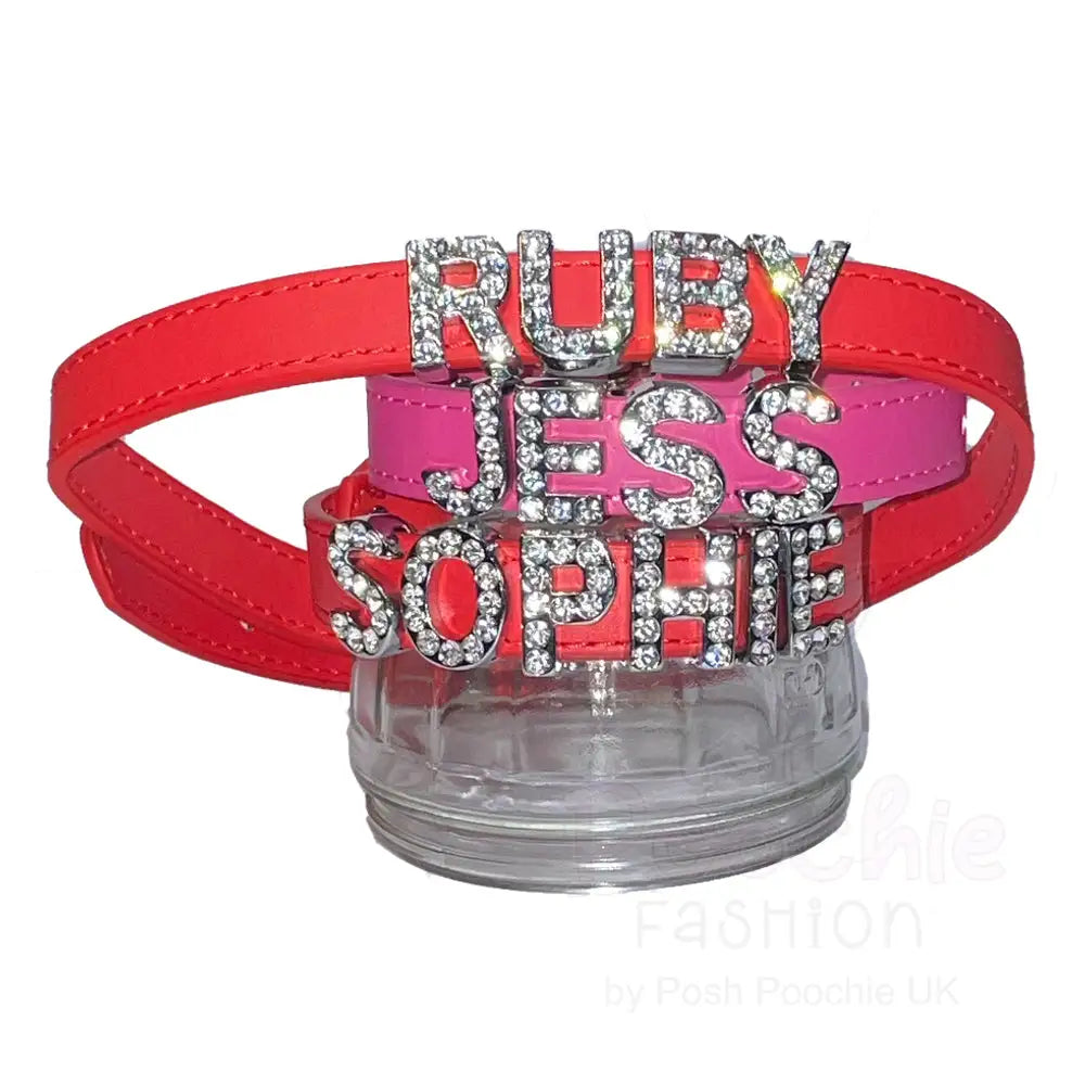Personalised Leather Diamante Dog Collar in Red - Poochie Fashion - 2