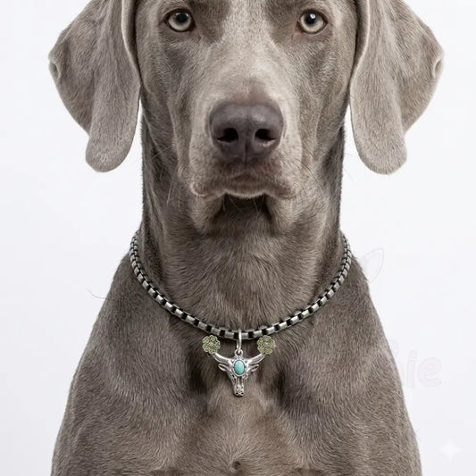 Pewter Box Chain Dog Necklace with Bull Head & Green Crystals - Posh Pawz - 2