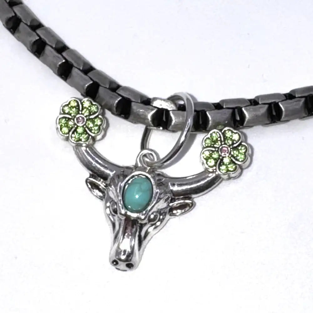 Pewter Box Chain Dog Necklace with Bull Head & Green Crystals - Posh Pawz - 3