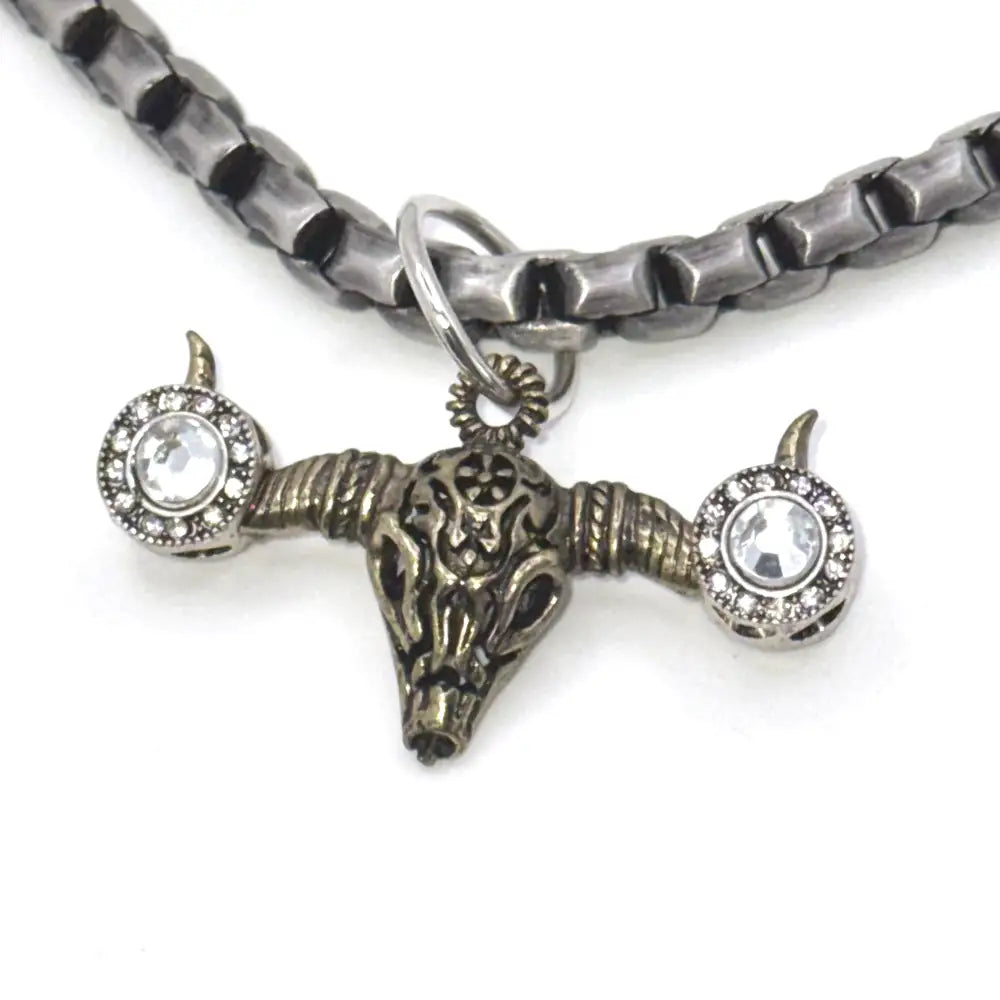Pewter Box Chain Dog Necklace with Bull Skull Pendant - Clear Crystals - Posh Pawz - 3