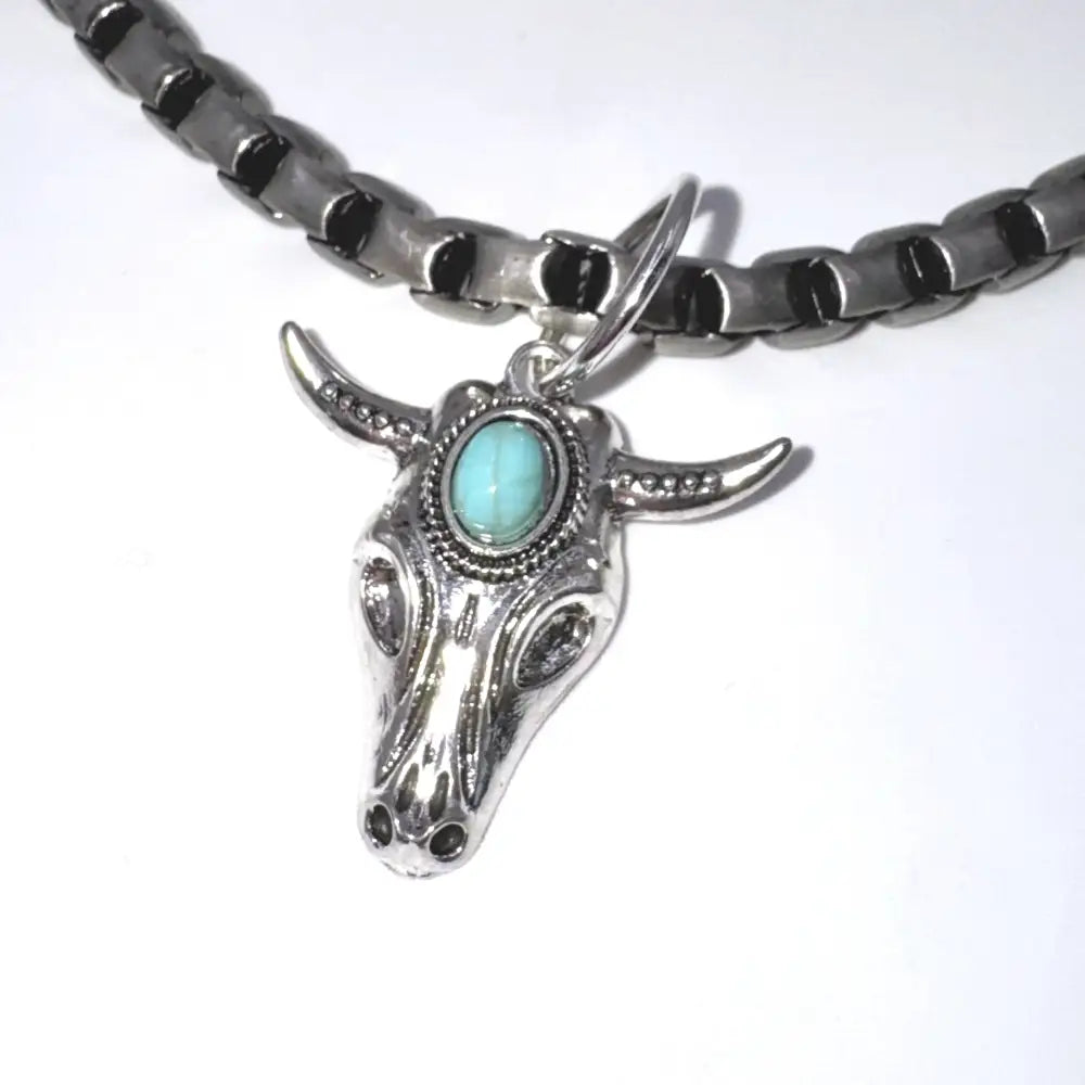 Pewter Box Chain Dog Necklace with Bull Skull Pendant - Posh Pawz - 3