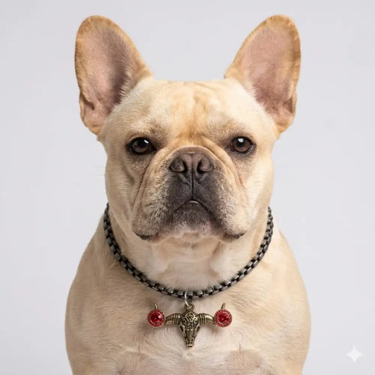 Pewter Box Chain Dog Necklace with Bull Skull Pendant - Red Crystals - Posh Pawz - 2