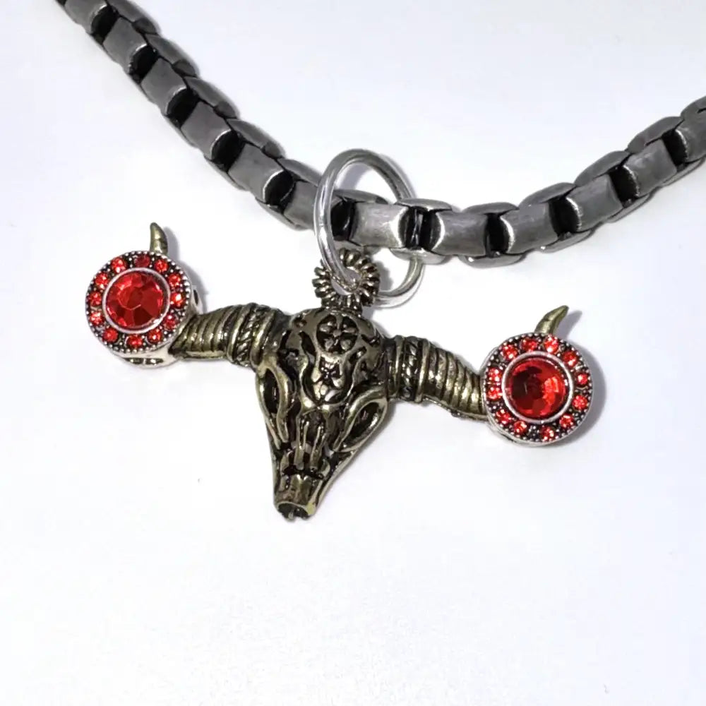Pewter Box Chain Dog Necklace with Bull Skull Pendant - Red Crystals - Posh Pawz - 4