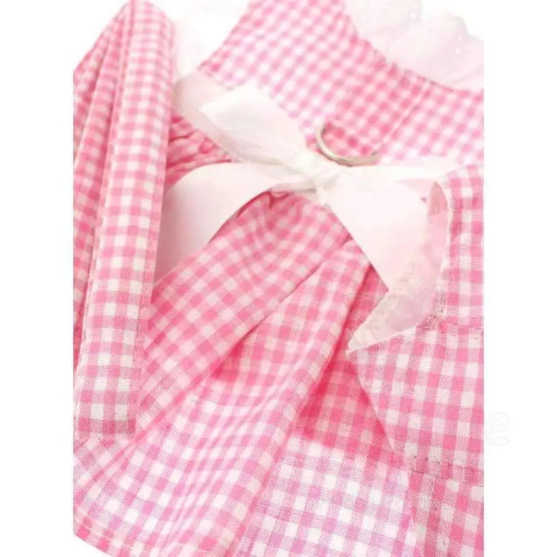 Pink Gingham and White Ribbon Dog Harness Dress Set - Sale - 3