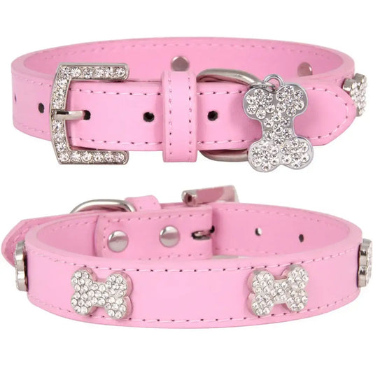 Pink Leather Diamante Bones Dog Collar with Charm - Posh Pawz - 1