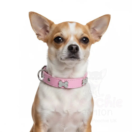 Pink Leather Diamante Bones Dog Collar with Charm - Posh Pawz - 2