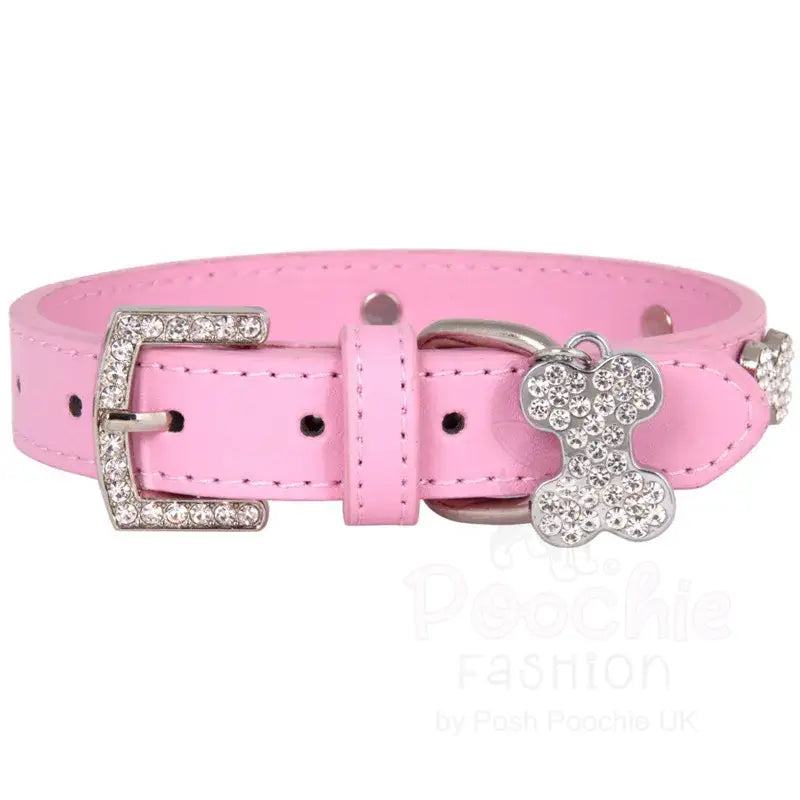 Pink Plain Leather Diamante Bones Dog Collar and Lead Set - Posh Pawz - 6