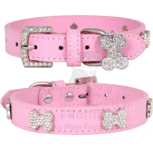 Pink Plain Leather Diamante Bones Dog Collar and Lead Set Posh Pawz 2