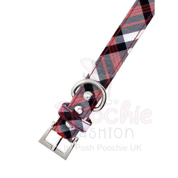 Red and White Tartan Plaid Fabric Dog Collar - Urban - 2