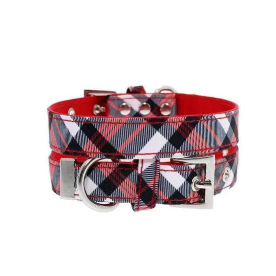 Red and White Tartan Plaid Fabric Dog Collar - Urban - 1