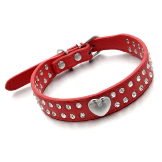 Red Double Row Diamante Heart Dog Collar - Posh Pawz - 1