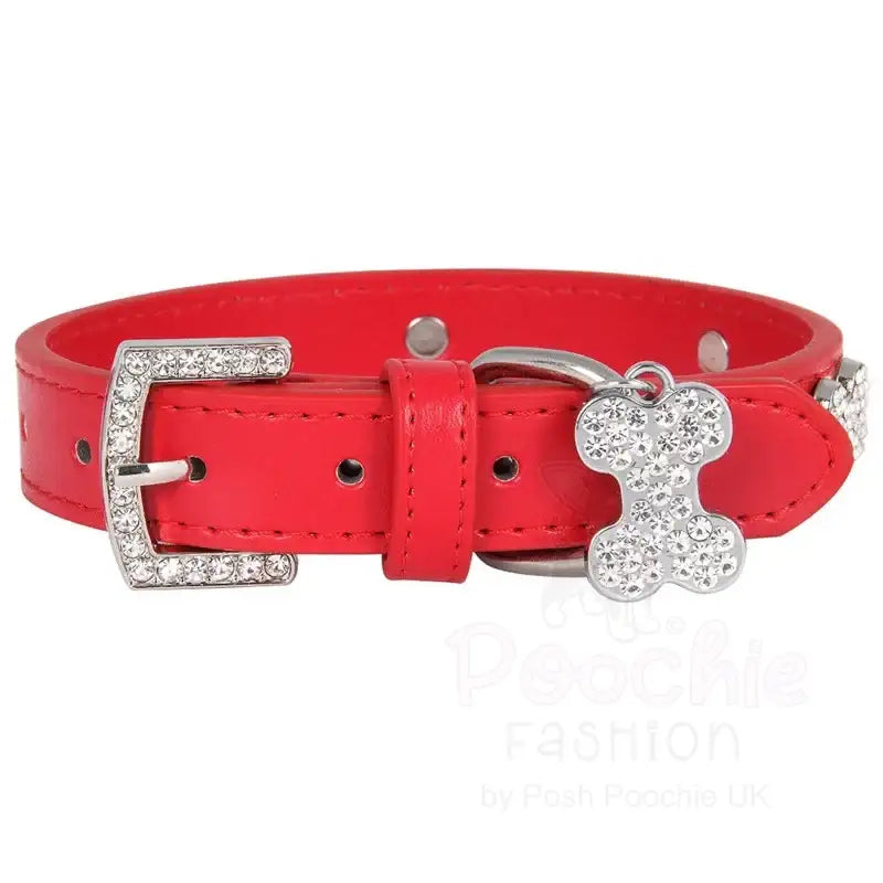 Red Leather Diamante Bones Dog Collar with Charm - Posh Pawz - 5