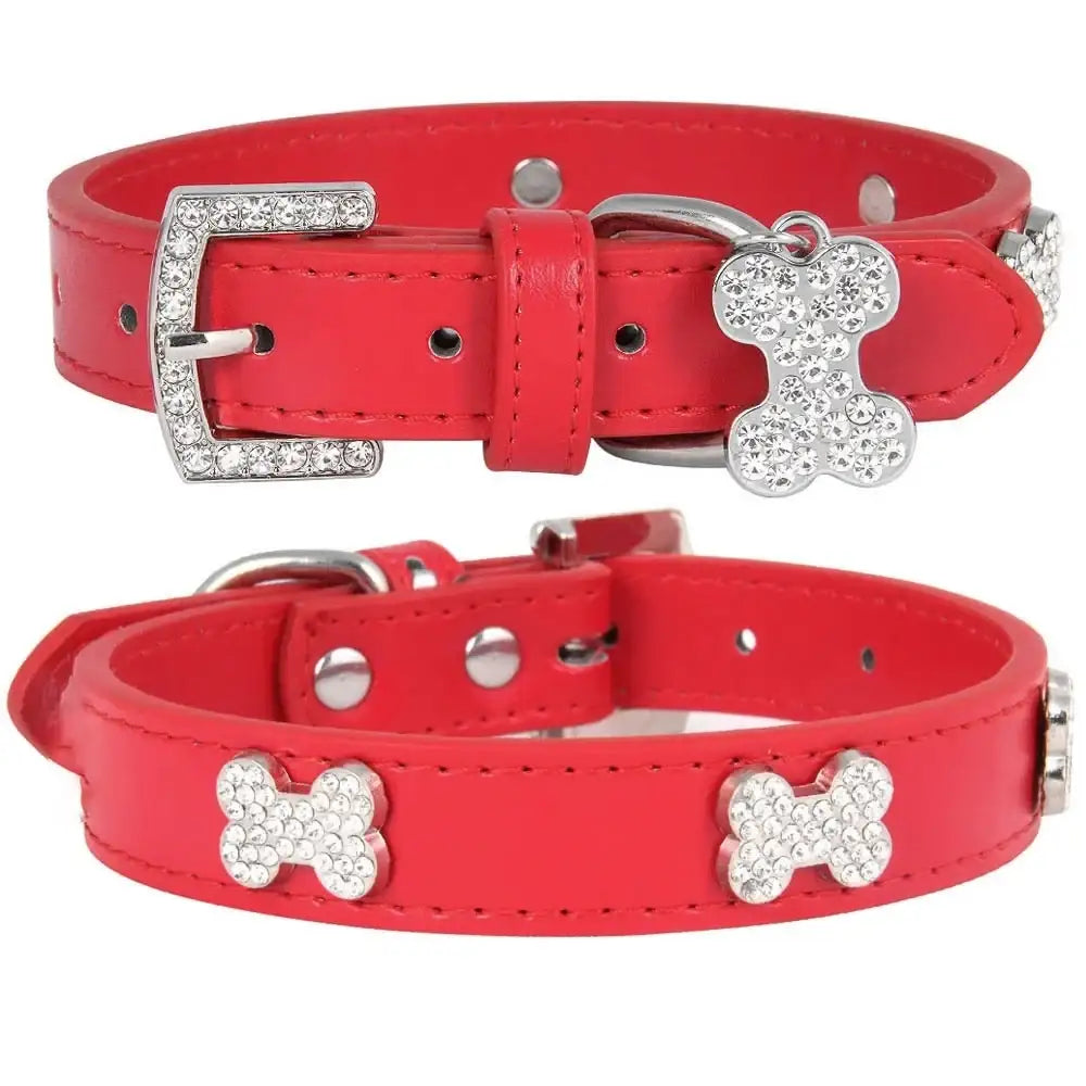 Red Leather Diamante Bones Dog Collar with Charm - Posh Pawz - 1