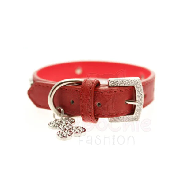 Red Leather Diamante Bones Dog Collar with Charm - Urban Pup - 5