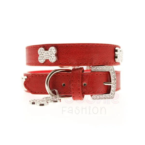 Red Leather Diamante Bones Dog Collar with Charm - Urban Pup - 6