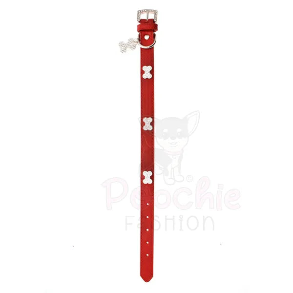 Red Leather Diamante Bones Dog Collar with Charm - Urban Pup - 2