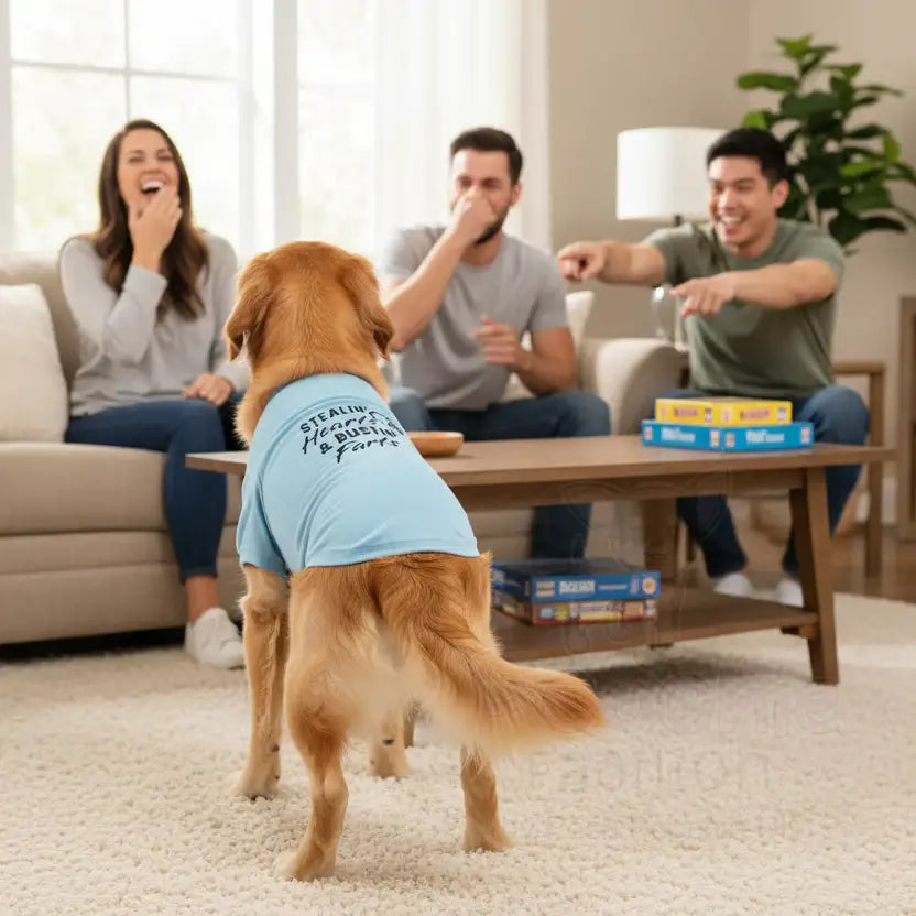 Stealin’ Hearts and Bustin’ Farts Dog T-shirt Aqua Blue - Rich Paw - 2