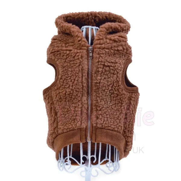 Teddy Sherpa Fleece Sleeveless Dog Zip Hoodie in Brown - Rich Paw - 5