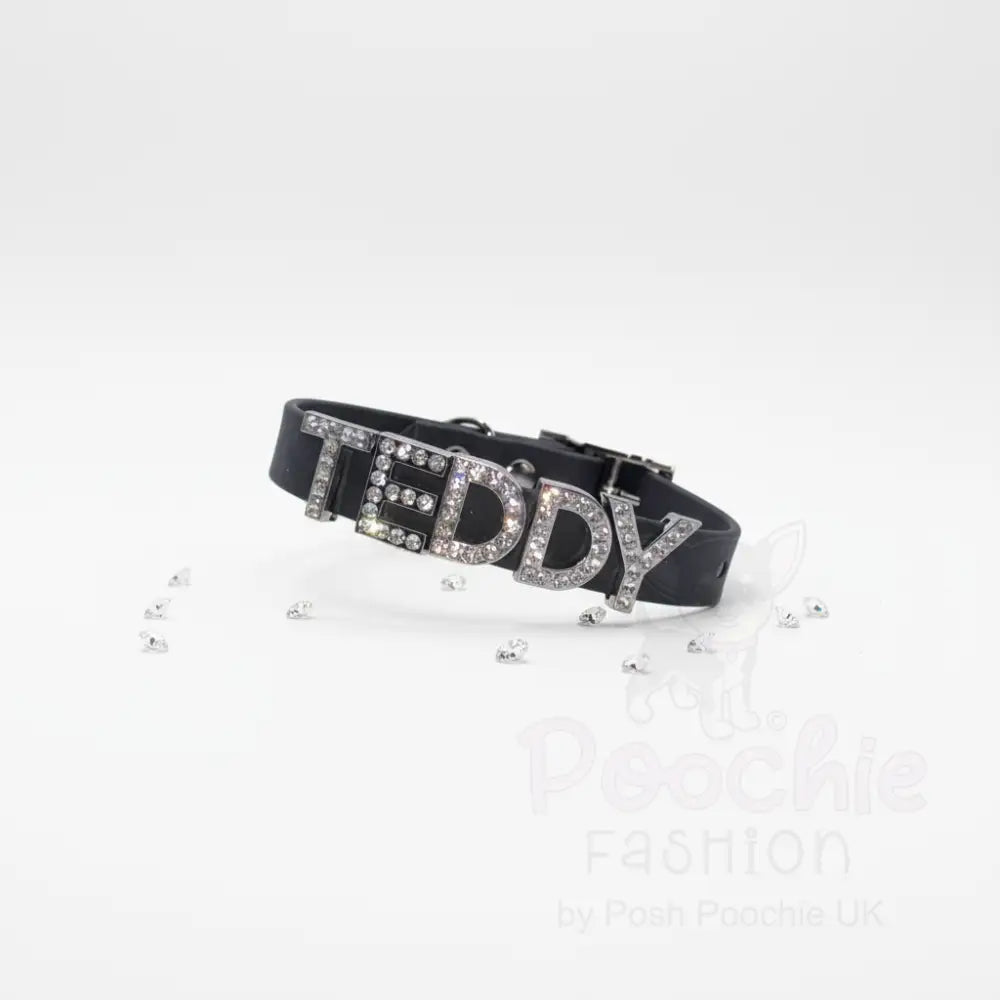 Black Waterproof Personalised Dog Collar with Large Diamante Letters - Poochie Fashion - 7