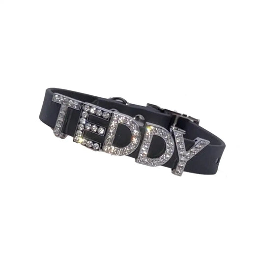 Black Waterproof Personalised Dog Collar with Large Diamante Letters - Poochie Fashion - 1