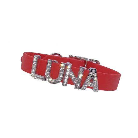 Red Waterproof Personalised Dog Collar with Large Diamante Letters - Poochie Fashion - 1