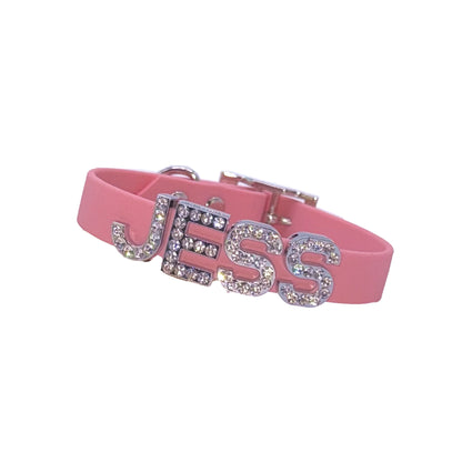 Baby Pink Waterproof Personalised Dog Collar With Large Diamante Letters