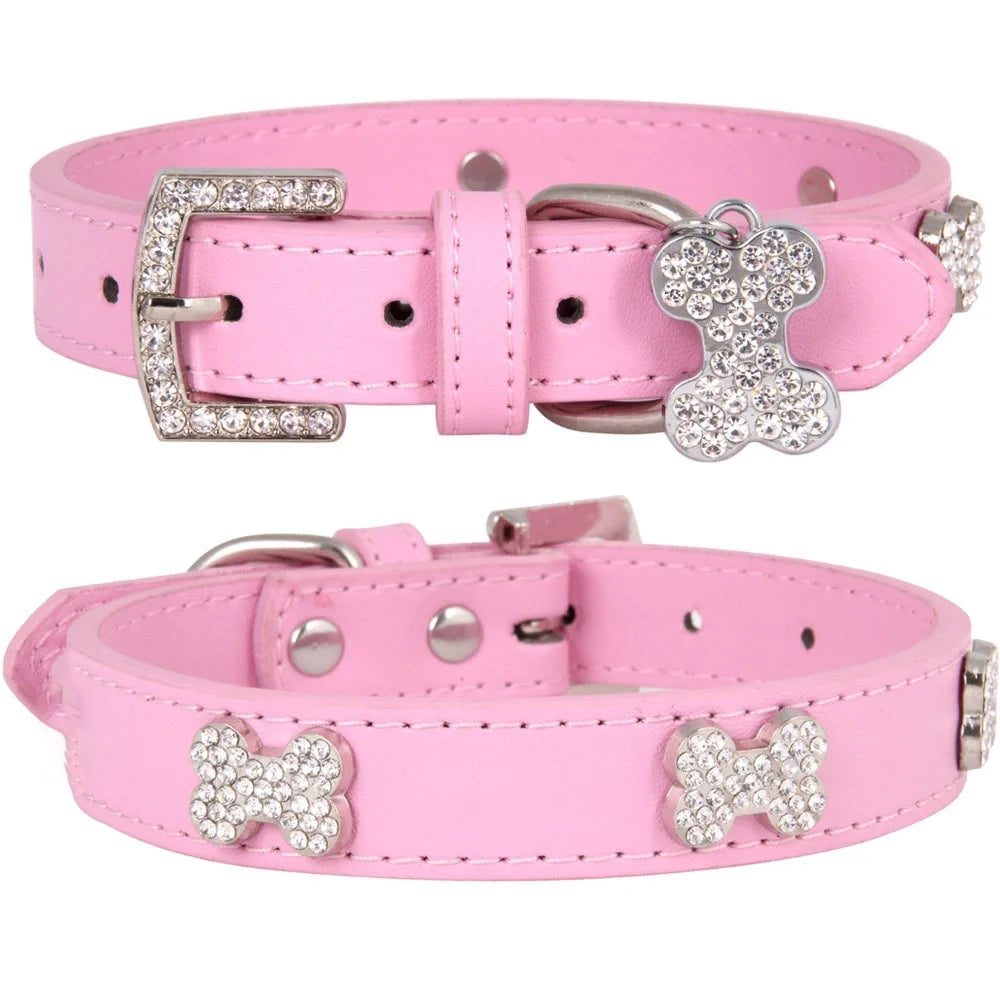 Pink Leather Diamante Bones Dog Collar with Charm - Posh Pawz - 1