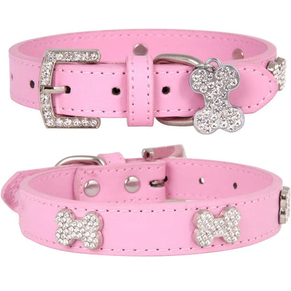 Pink Leather Diamante Bones Dog Collar with Charm - Posh Pawz - 1