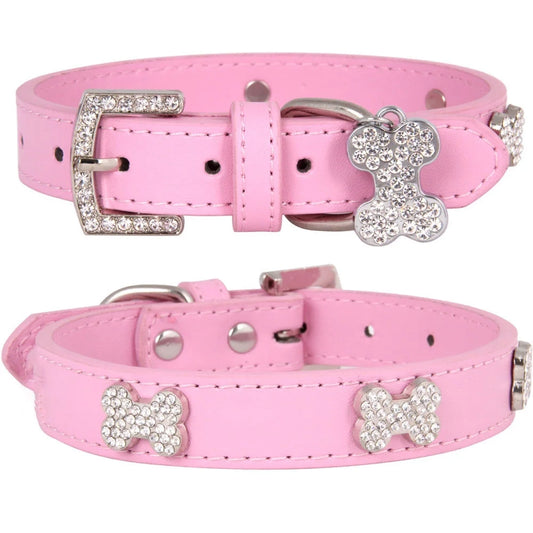 Pink Leather Diamante Bones Dog Collar with Charm - Posh Pawz - 1