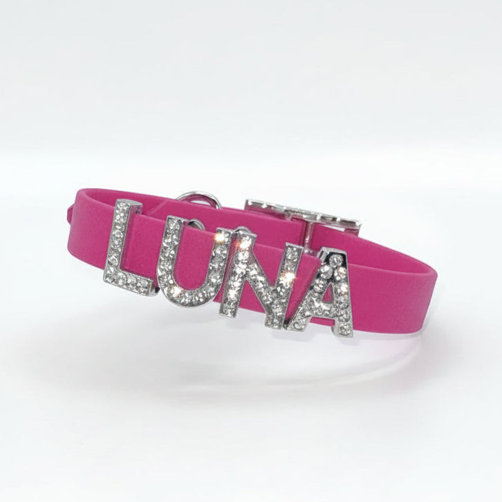 Hot Pink Waterproof Personalised Dog Collar With Large Diamante Letters