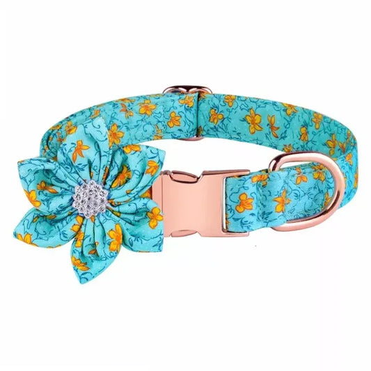Aqua Floral Padded Dog Collar with Flower - Posh Pawz - 1
