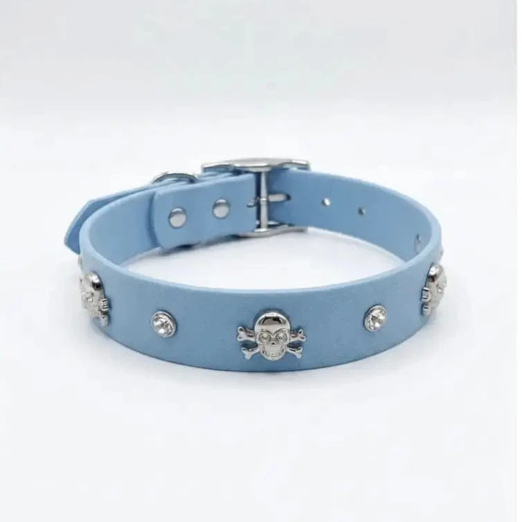 Baby Blue Biothane Skull & Crossbones Crystal Dog Collar - Poochie Fashion - 1