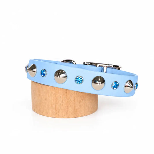 Baby Blue Biothane Slim Stud & Crystal Dog Collar - Poochie Fashion - 1