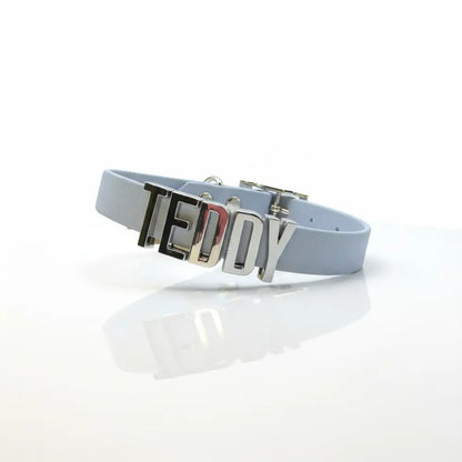 Baby Blue Waterproof Personalised Dog Collar with Chrome Letters - Poochie Fashion - 1