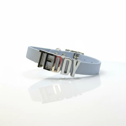 Baby Blue Waterproof Personalised Dog Collar with Chrome Letters - Poochie Fashion - 1