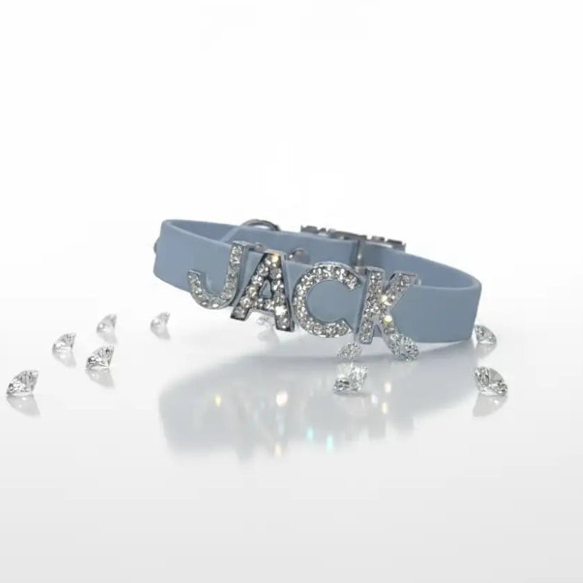 Baby Blue Waterproof Personalised Dog Collar with Diamante Letters - Poochie Fashion - 1
