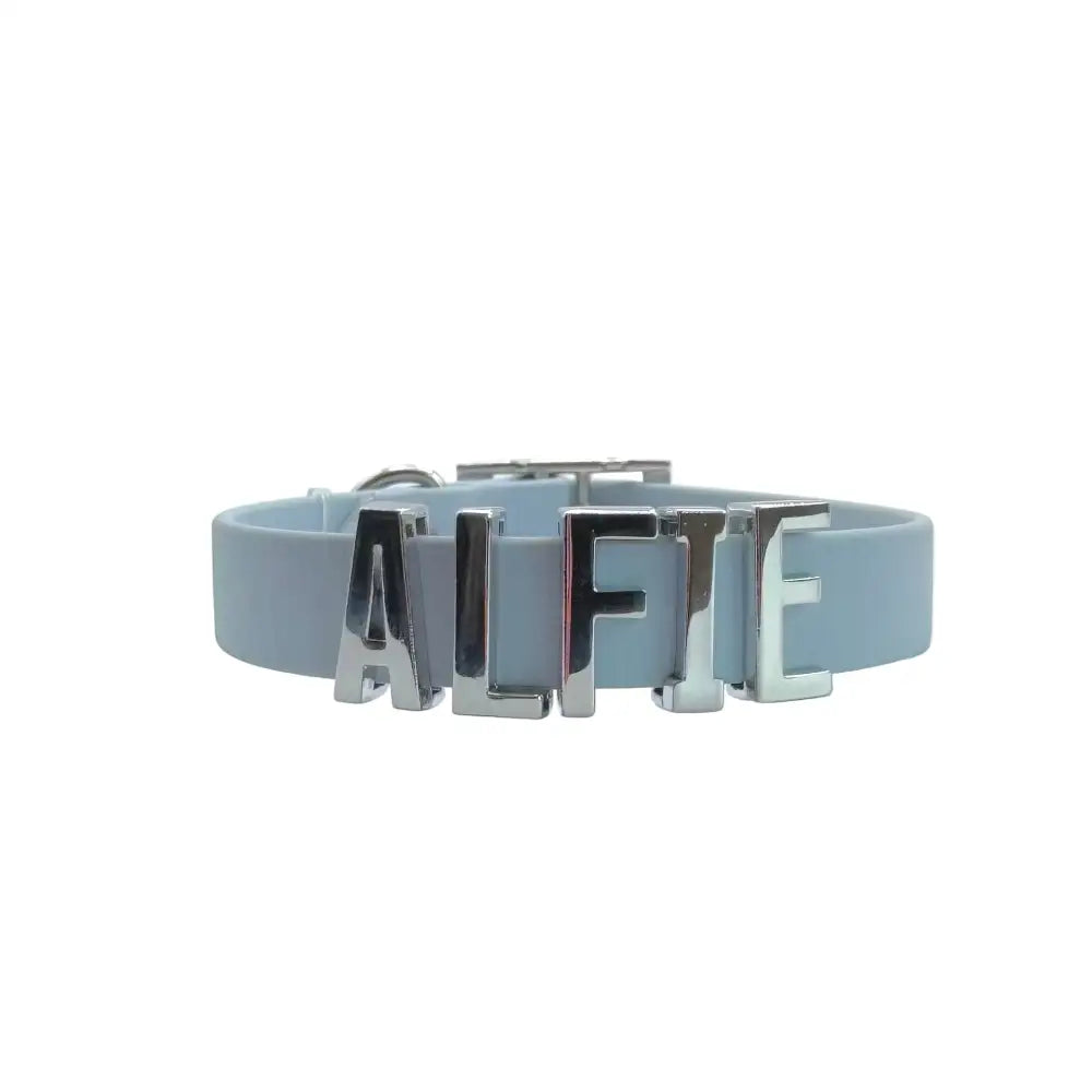 Baby Blue Waterproof Personalised Dog Collar with Large Chrome Letters - Poochie Fashion - 5