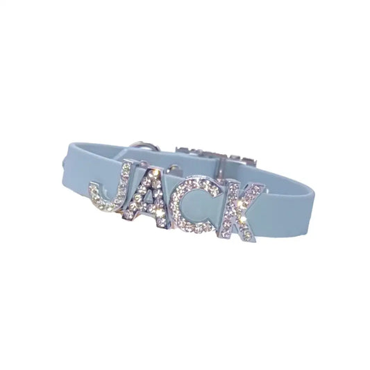 Baby Blue Waterproof Personalised Dog Collar with Large Diamante Letters - Poochie Fashion - 1