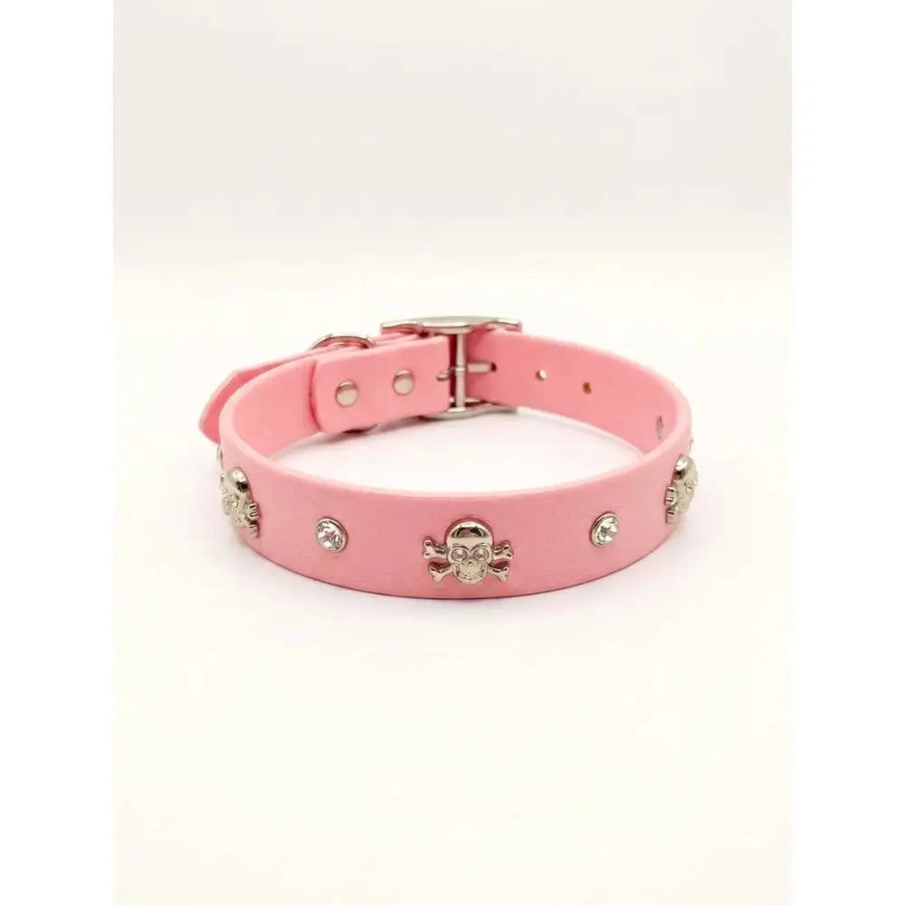 Baby Pink Biothane Skull & Crossbones Crystal Dog Collar - Poochie Fashion - 1