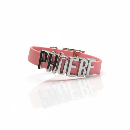 Baby Pink Waterproof Personalised Dog Collar with Chrome Letters - Poochie Fashion - 1