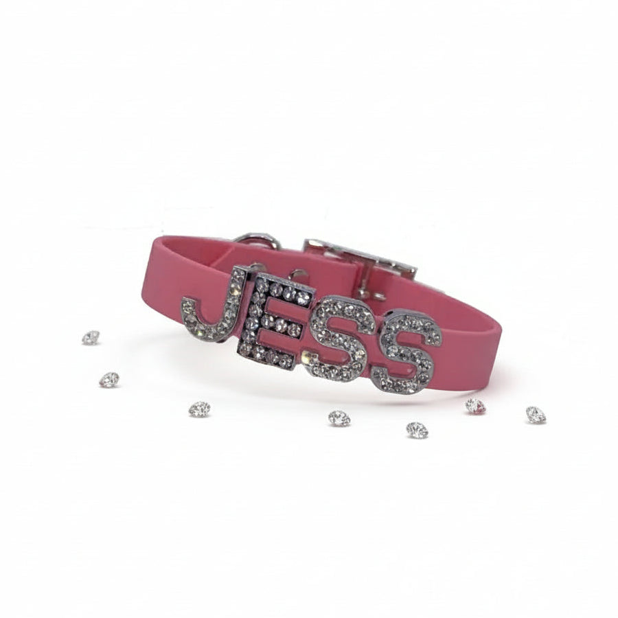 Baby Pink Personalised Waterproof Dog Collar Diamante Letters - Poochie Fashion - 7