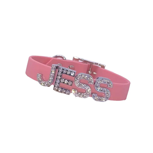 Baby Pink Waterproof Personalised Dog Collar with Large Diamante Letters - Poochie Fashion - 1