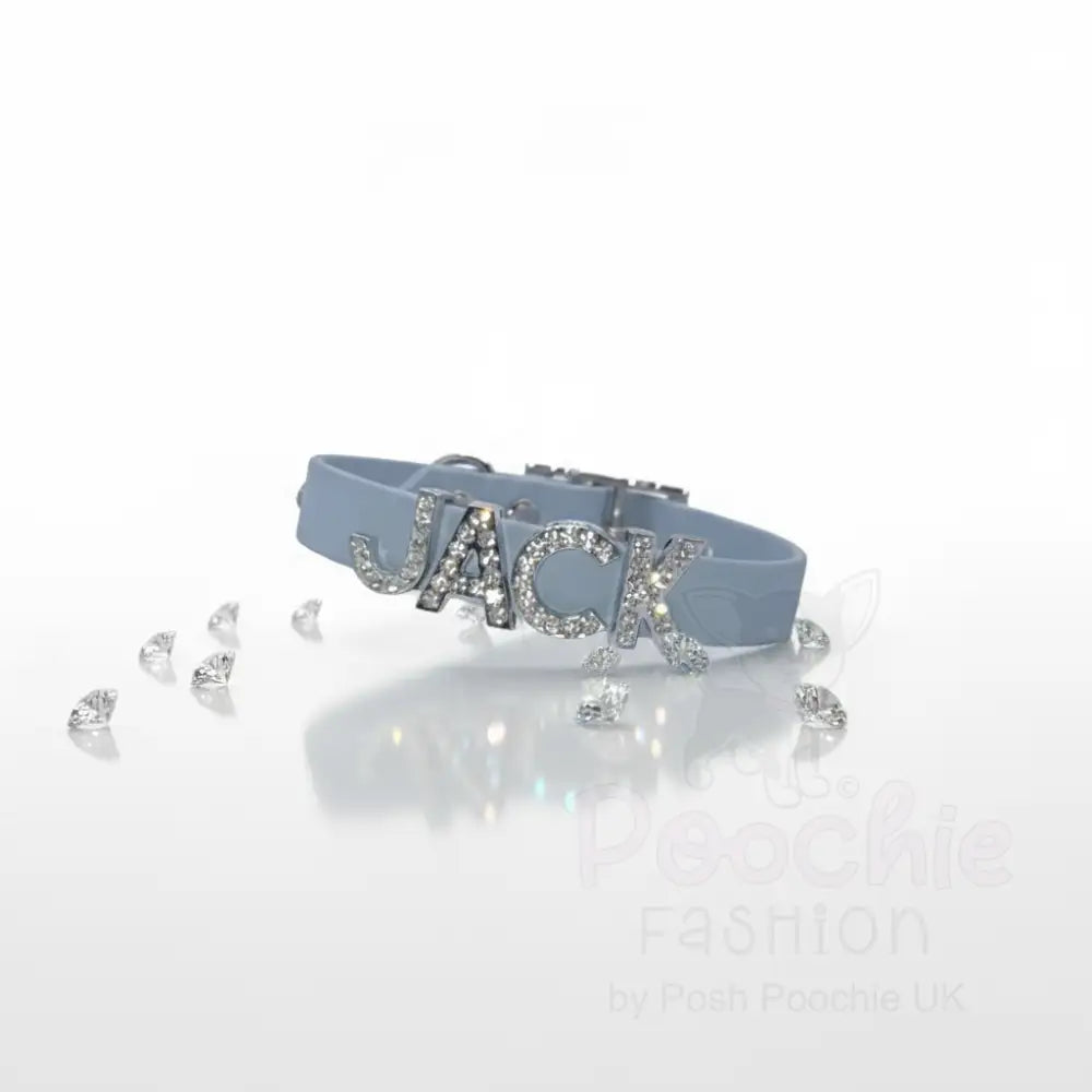 Baby Blue Waterproof Personalised Dog Collar with Large Diamante Letters - Poochie Fashion - 5