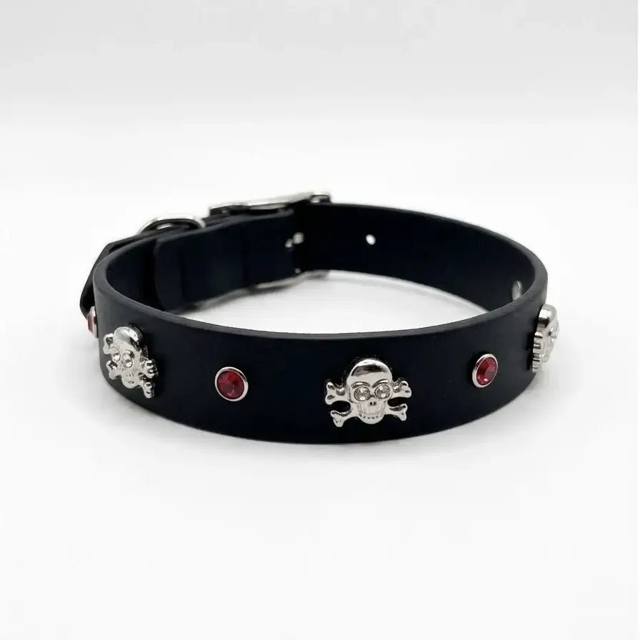 Black Biothane Skull & Crossbones Red Crystal Dog Collar - Poochie Fashion - 1