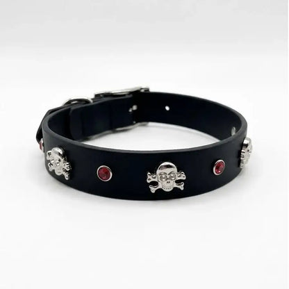 Black Biothane Skull & Crossbones Red Crystal Dog Collar - Poochie Fashion - 1
