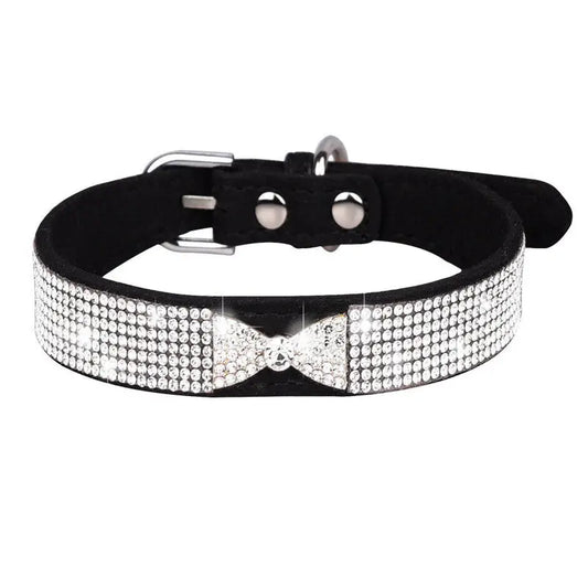 Black Crystal Bow eco-Suede Dog Collar - Posh Pawz - 1