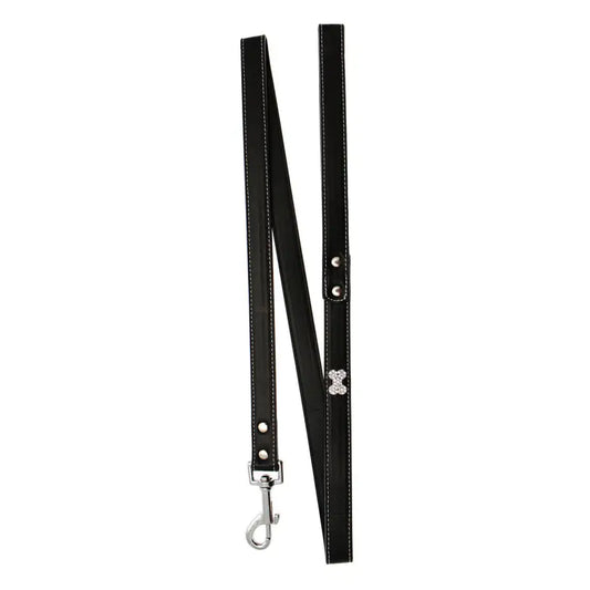 Black Leather Diamante Bone Dog Lead - Posh Pawz - 1