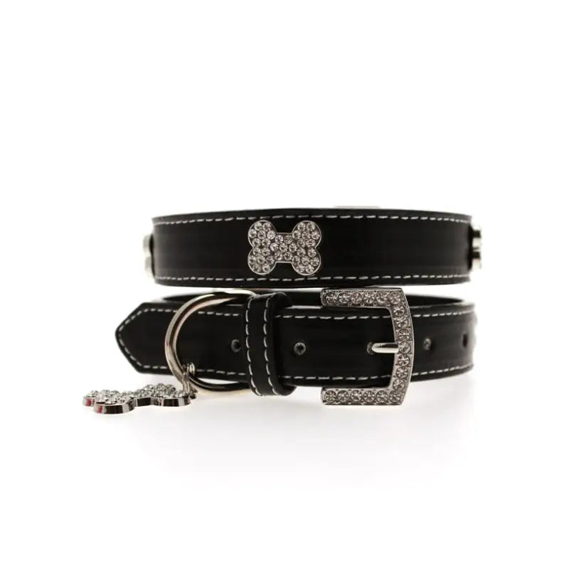 Black Leather Diamante Bones Dog Collar And Charm - Urban Pup 6