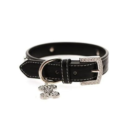 Black Leather Diamante Bones Dog Collar And Charm - Urban Pup 5