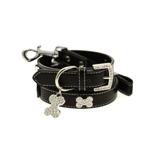 Black Leather Diamante Bones Dog Collar and Lead Set - Urban - 1